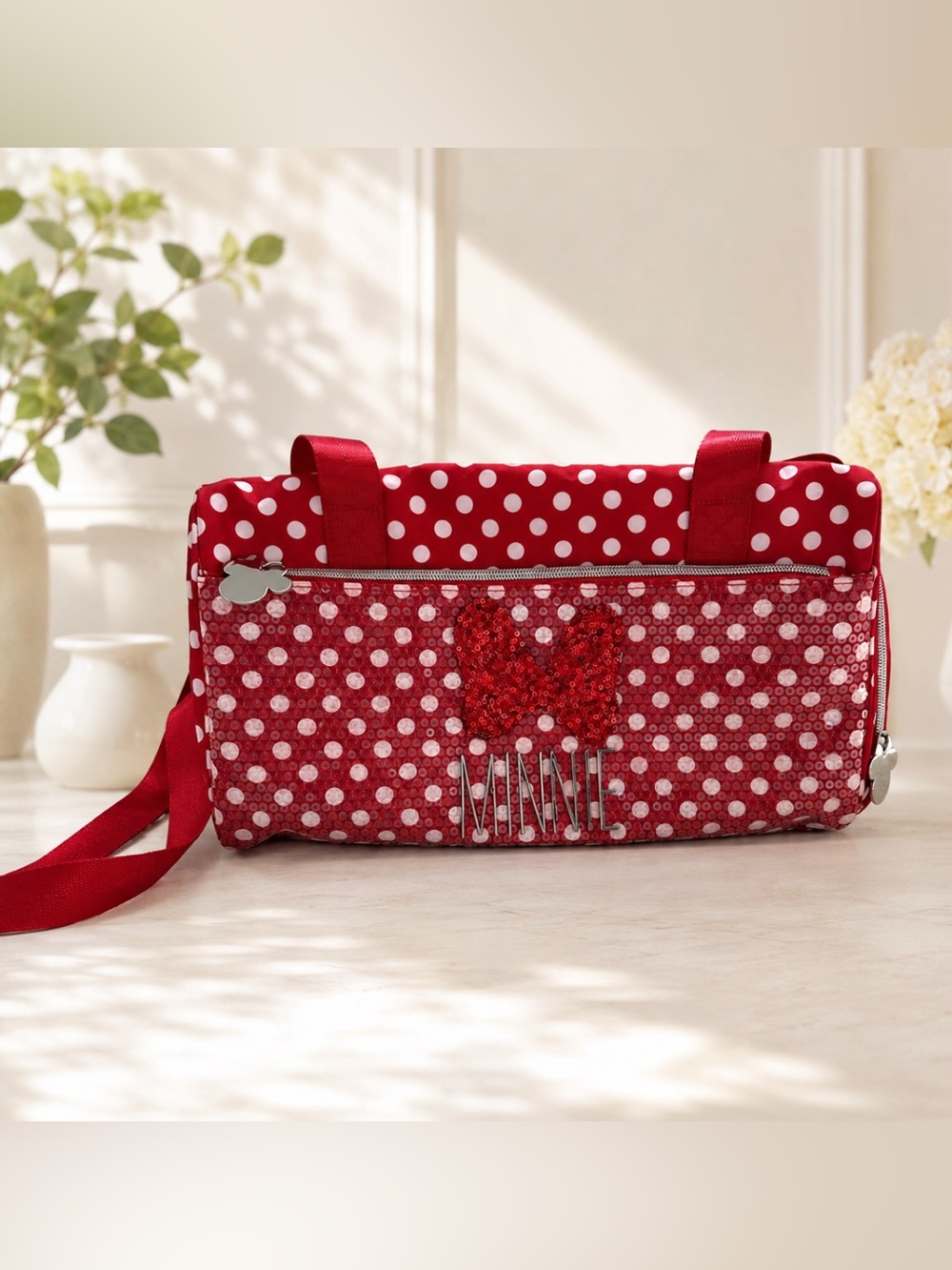 Disney Parks Minnie Mouse Polka Dot Sequin Dance Duffle Bag Ballet Tote Red